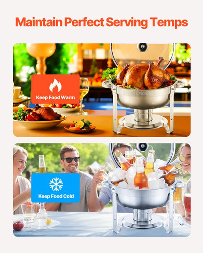 Varmfatbufféset, 5 liter 2-pack, varmfat i rostfritt stål med 2 fullstora pannor, rund cateringvärmare med glaslock, vattenpanna, hopfällbart stativ, bränslehållare, för bröllopsfest, bankett, silver