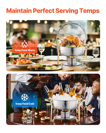Varmfatbufféset, 5 liter, 4-pack, rostfritt stålvärmare med 4 fullstora kastruller, rund cateringvärmare med glaslock, vattenpanna, hopfällbart stativ, bränslehållare, för bröllopsfest, bankett, guld