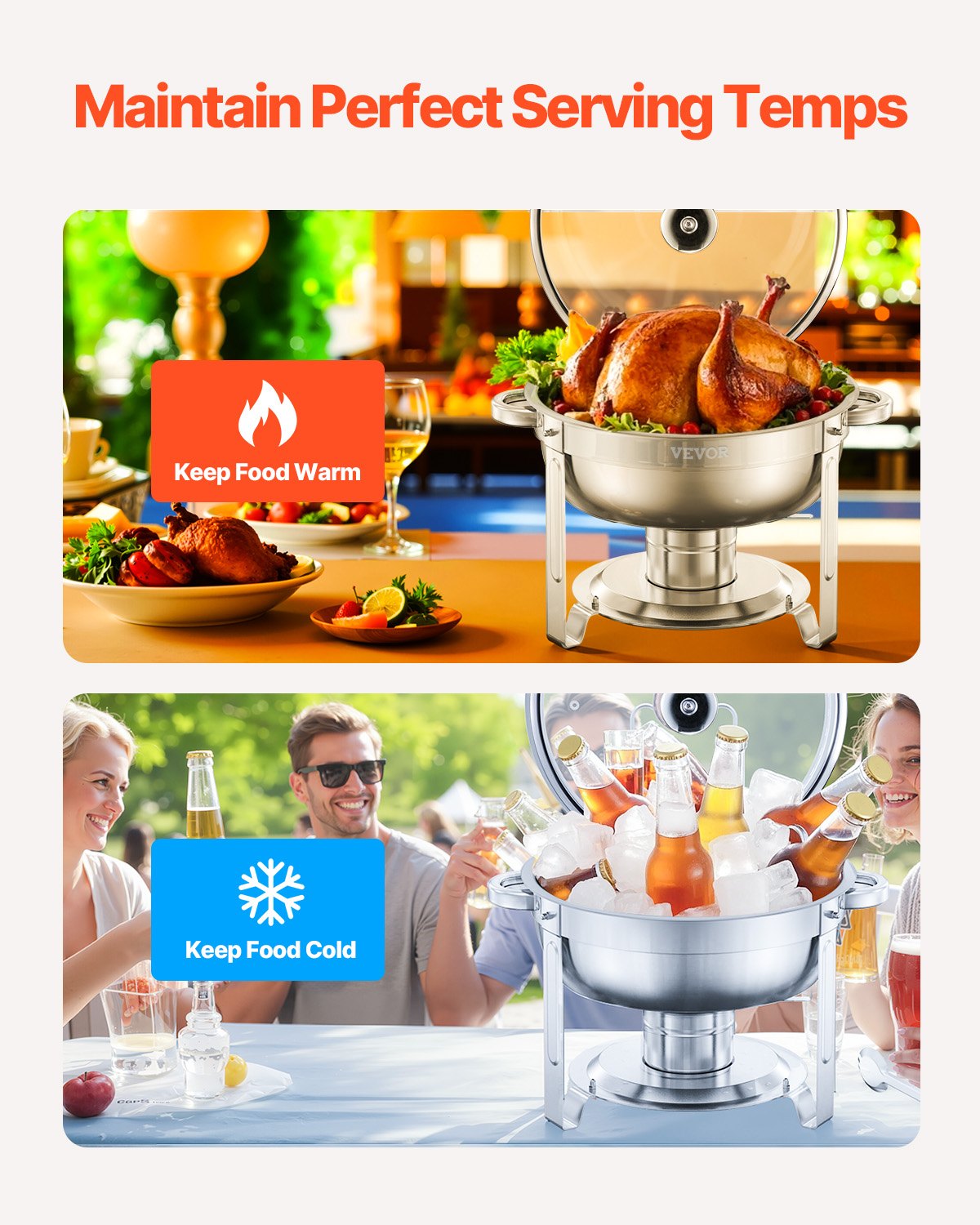 Varmfatbufféset, 5 liter, 4-pack, rostfritt stålvärmare med 4 fullstora kastruller, rund cateringvärmare med glaslock, vattenpanna, hopfällbart stativ, bränslehållare, för bröllopsfest, bankett