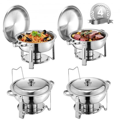 Varmdiskbufféset, 5 liter, 4-pack, rostfritt stålvärmare med 4 fullstora kastruller, rund cateringvärmare med lock, vattenpanna, hopfällbart stativ, för bröllop, fester, banketter, silver