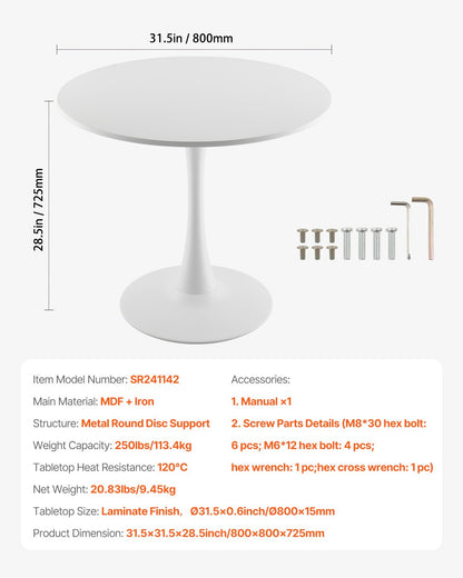 Runt matbord, 89 cm träbord för 2-4 personer, moderna runda möbler, soffbord för fritidsbruk med piedestalbas i tulpandesign, för kök och vardagsrum, vitt (endast bord)