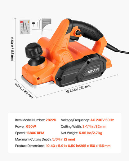 Elektrisk handhyvel, 82 mm skärbredd, 650W 16800 RPM Sladdansluten handhyvel för trä, med justerbart skärdjup, 2 blad, för träbearbetning, träfas, gör-det-själv, slät yta, snickeriverktyg