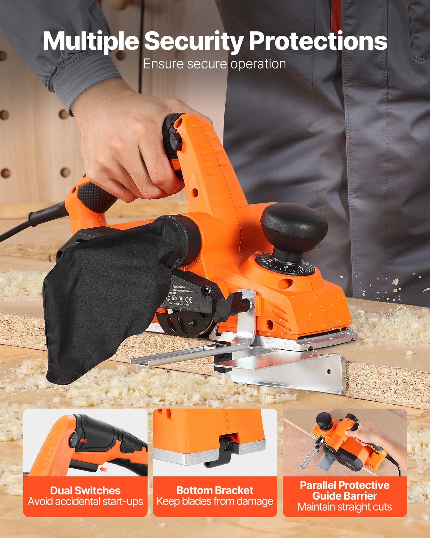 Elektrisk handhyvel, 82 mm skärbredd, 900 W 14500 RPM Sladdansluten handhyvel för trä, med justerbart skärdjup, 2 blad, för träbearbetning, träfas, gör-det-själv, slät yta, snickeriverktyg