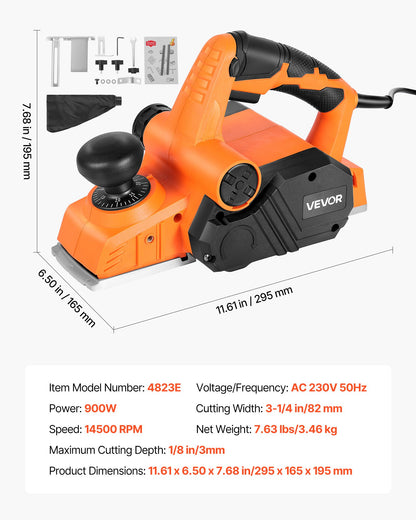 Elektrisk handhyvel, 82 mm skärbredd, 900 W 14500 RPM Sladdansluten handhyvel för trä, med justerbart skärdjup, 2 blad, för träbearbetning, träfas, gör-det-själv, slät yta, snickeriverktyg