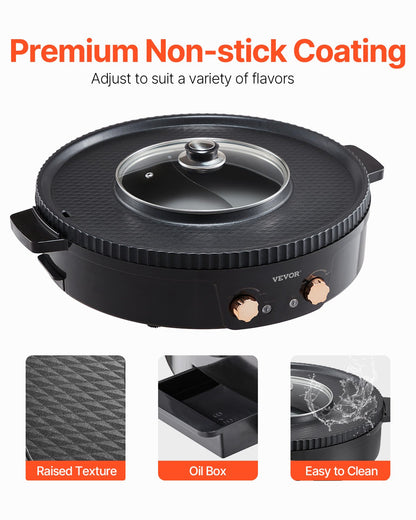 Varmgryta med grill, 1800W 2-i-1 elektrisk rökfri grill och varmgryta, koreansk BBQ Shabu Shabu-värmgryta med separat dubbel temperaturkontroll, non-stick-panna, för 2-8 personer familjemiddag