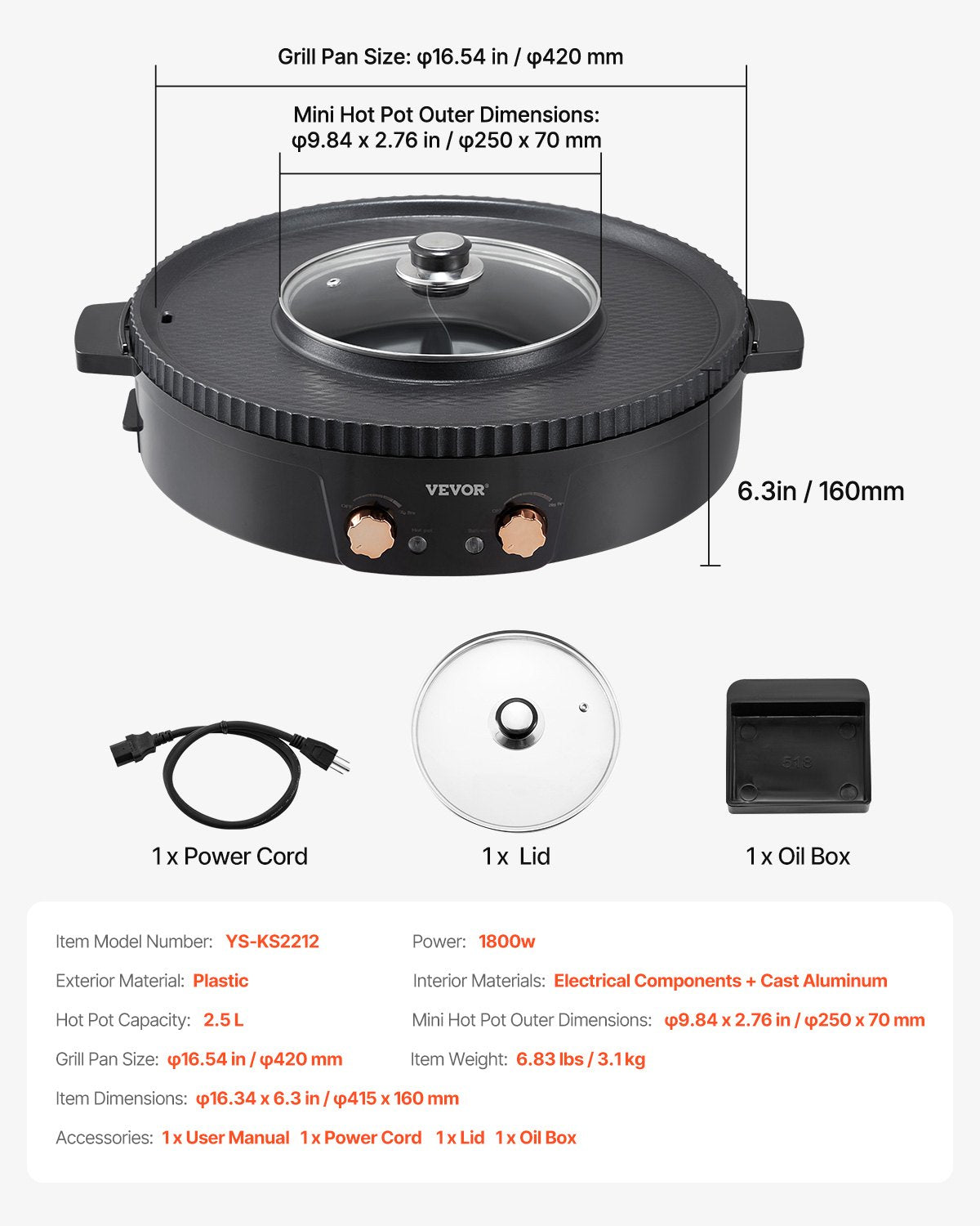 Varmgryta med grill, 1800W 2-i-1 elektrisk rökfri grill och varmgryta, koreansk BBQ Shabu Shabu-värmgryta med separat dubbel temperaturkontroll, non-stick-panna, för 2-8 personer familjemiddag