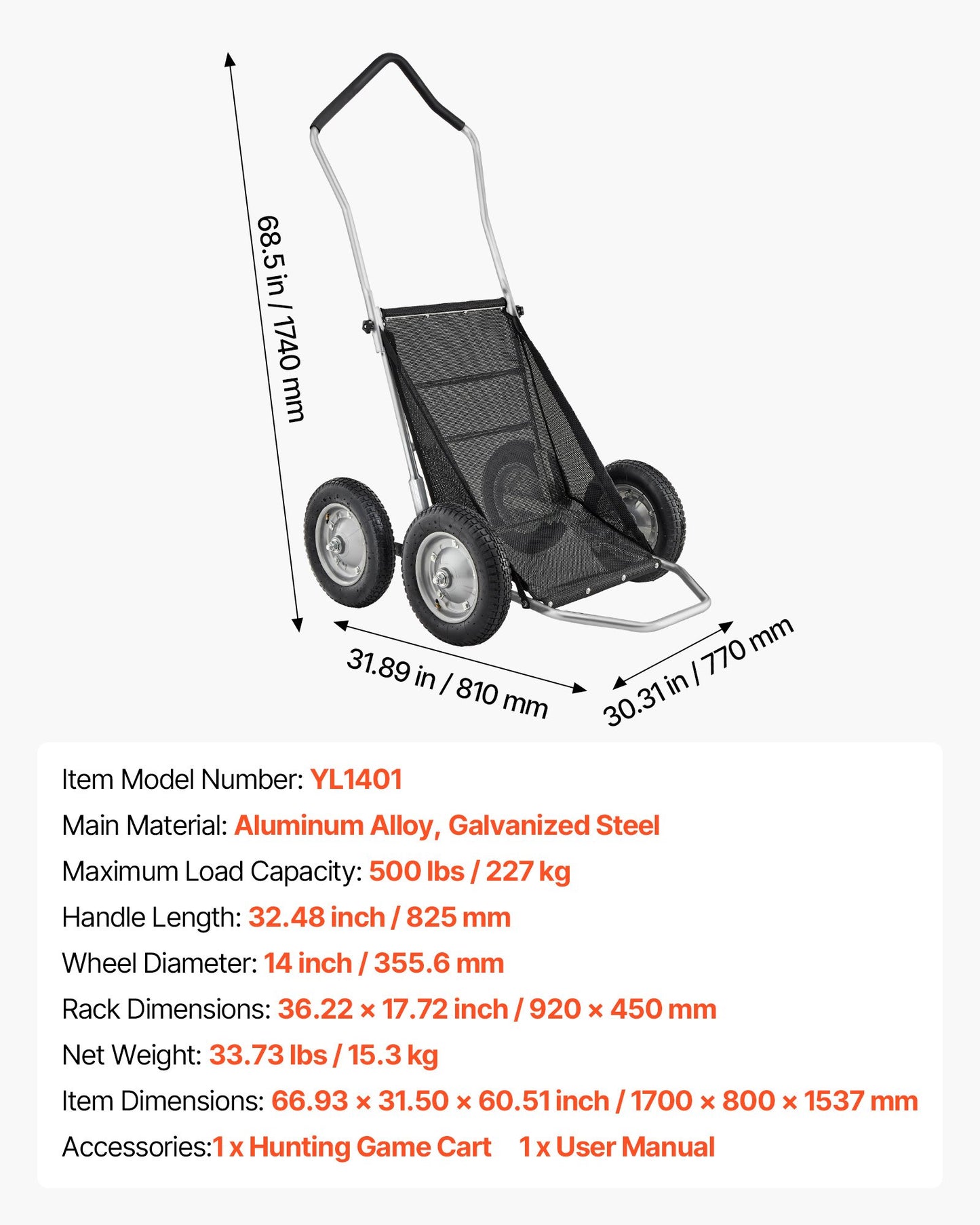 Jaktvagnar, 500 kg hjortvagn, kraftig bandvagn, fällbar hjortvagn för allting med stötdämpande däck, redskapsvagn för jakt, fiske, vandring