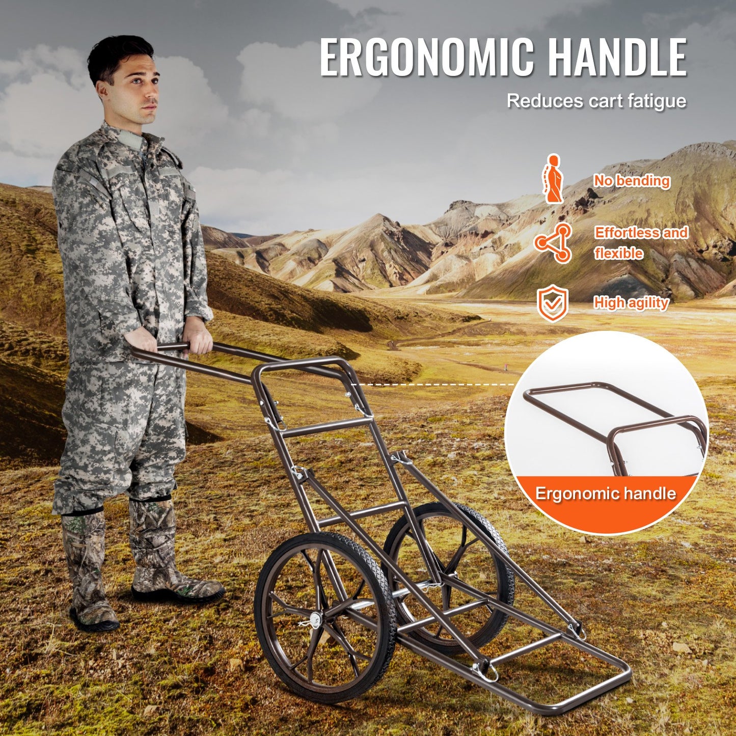 Hjortvagn, hopfällbar viltvagn med kapacitet på 500 kg, vilttransportör för hjortvagn med stora 17-tums gummihjul och ergonomiskt handtag, tillbehör till kraftiga viltvagnar, redskapsvagn för jakt, fiske, vandring