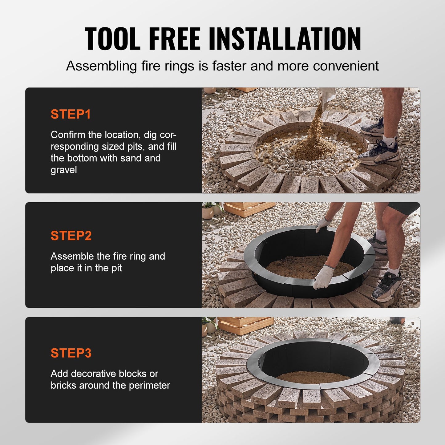Eldgropsring, 44-tums ytterdiameter/39-tums innerdiameter, 10 tums höjd 2,5 mm tjock eldgropinsats, kraftigt foder i kolstål, gör-det-själv-lägereldsring ovanför eller i marken, för utomhuscamping, brasor