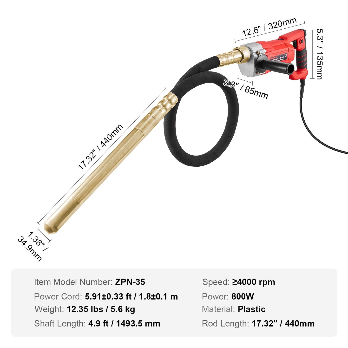 Handhållen betongvibrator, 800W elektrisk vibrator 4000 varv/min, elektriskt betongvibrationsverktyg med 1,5 m axelstång, bärbar penncementvibrator tar bort luftbubblor och blandar betong