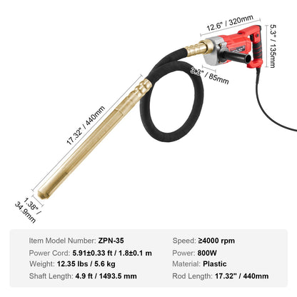 Handhållen betongvibrator, 800W elektrisk vibrator 4000 varv/min, elektriskt betongvibrationsverktyg med 1,5 m axelstång, bärbar penncementvibrator tar bort luftbubblor och blandar betong