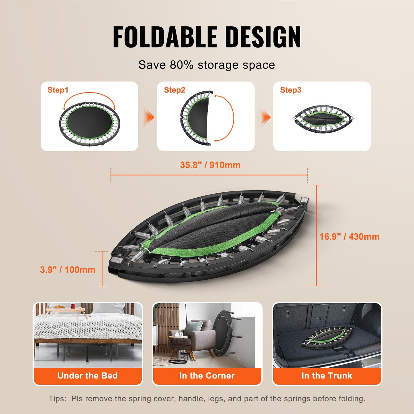 Foldable Mini Trampoline, 52 Inch Fitness Rebounder, Max Load 450lbs Exercise Trampoline, Stable & Quiet Trampoline with 4 Level Height Adjustable Foam Handle, for Adults Indoor/Garden Workout