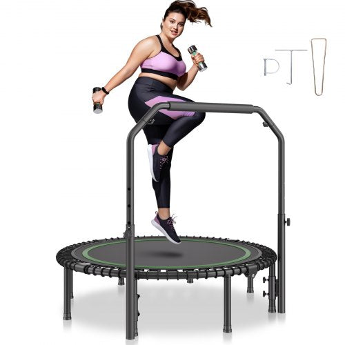 Hopfällbar mini-trampolin, 51 tums fitnessrebounder, maxbelastning 450 kg träningstrampolin, stabil och tyst trampolin med 4 nivåer höjdjusterbart skumhandtag, för vuxna inomhus-/trädgårdsträning