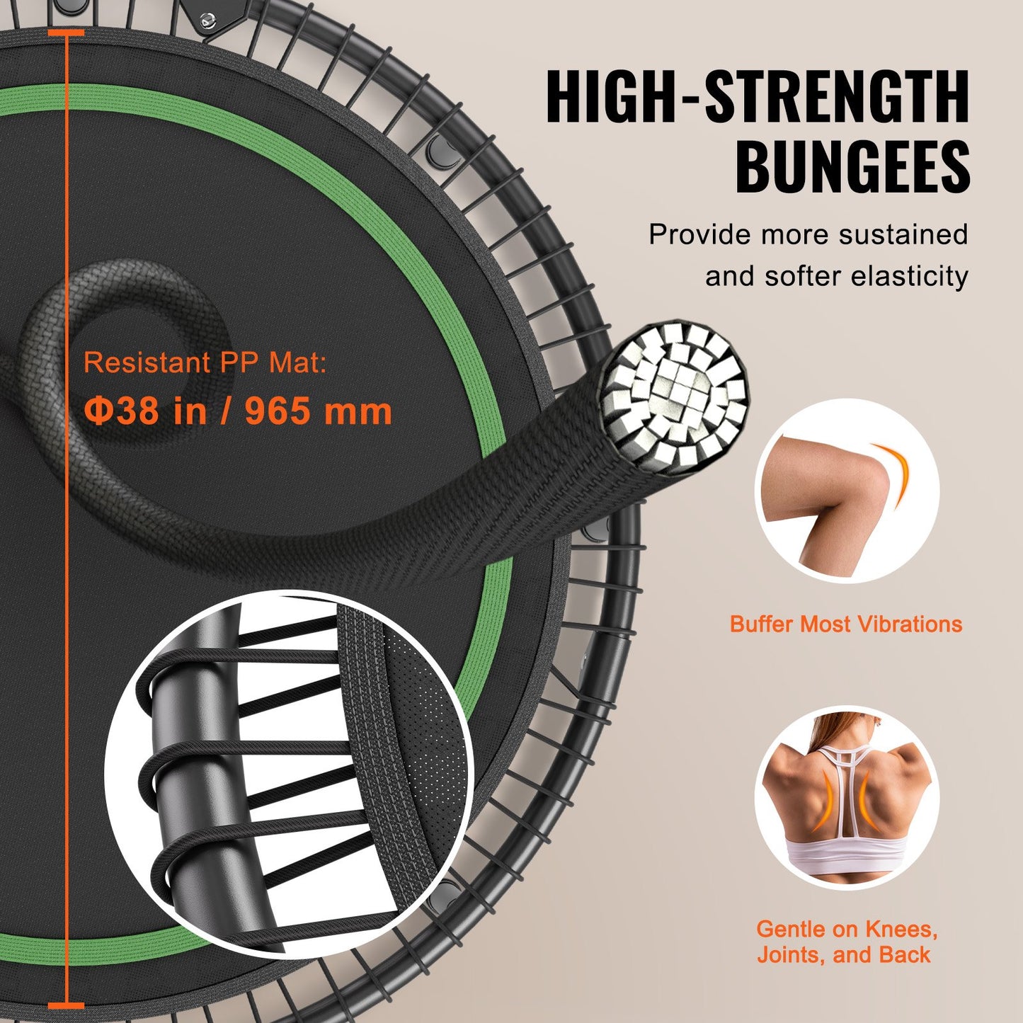 Hopfällbar mini-trampolin, 51 tums fitnessrebounder, maxbelastning 450 kg träningstrampolin, stabil och tyst trampolin med 4 nivåer höjdjusterbart skumhandtag, för vuxna inomhus-/trädgårdsträning