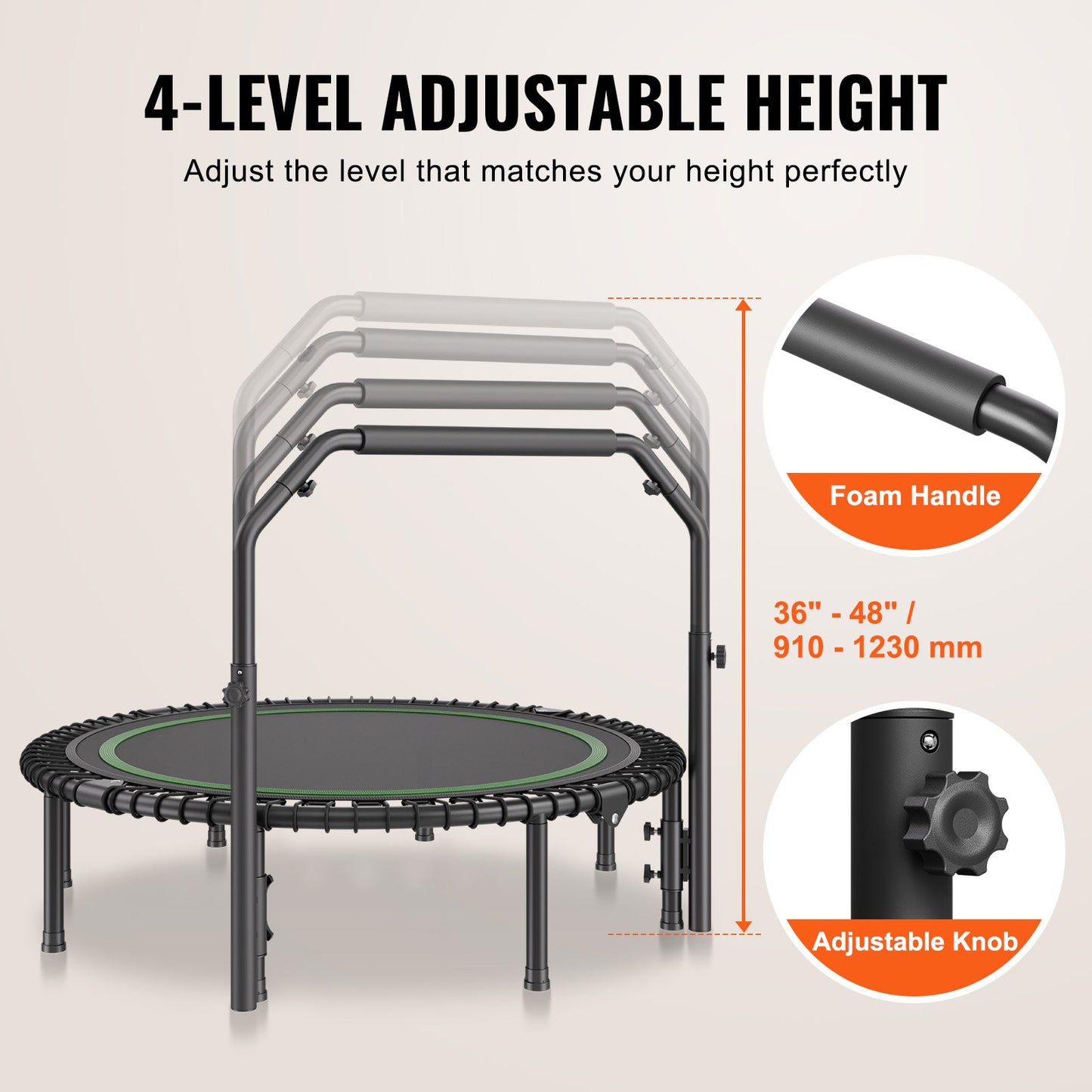 Hopfällbar mini-trampolin, 51 tums fitnessrebounder, maxbelastning 450 kg träningstrampolin, stabil och tyst trampolin med 4 nivåer höjdjusterbart skumhandtag, för vuxna inomhus-/trädgårdsträning