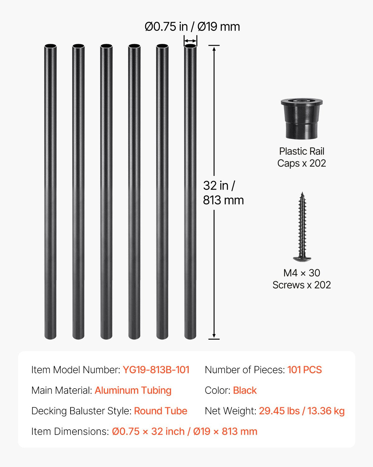 Trappståndare 101-pack, 32-tums trappståndare i aluminium, 3/4-tums vattentäta runda metallräcken, ihåligt däckräcke med räckeskåpor och skruvar för trappor, veranda, uteplats, staket, svart