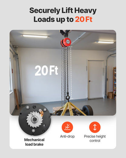 Handtelfer, 1 ton kapacitet, manuell kedjeblock med uppgradering G70 galvaniserad kedja, 6 m lyfthöjd, kraftig remskivetelfer för garage, lager, fordonsmaskiner, röd