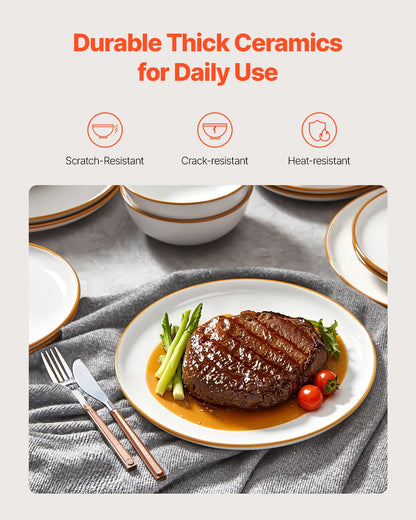 Servisset, för 6 personer, runda tallrikar och skålar, reptåligt keramikporslin, diskmaskins- och mikrovågsugnslämpligt köksredskap, för dessert, sallad, soppa, pasta, vit