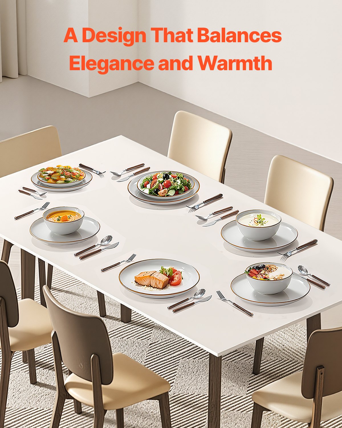 Servisset, för 6 personer, runda tallrikar och skålar, reptåligt keramikporslin, diskmaskins- och mikrovågsugnslämpligt köksredskap, för dessert, sallad, soppa, pasta, vit