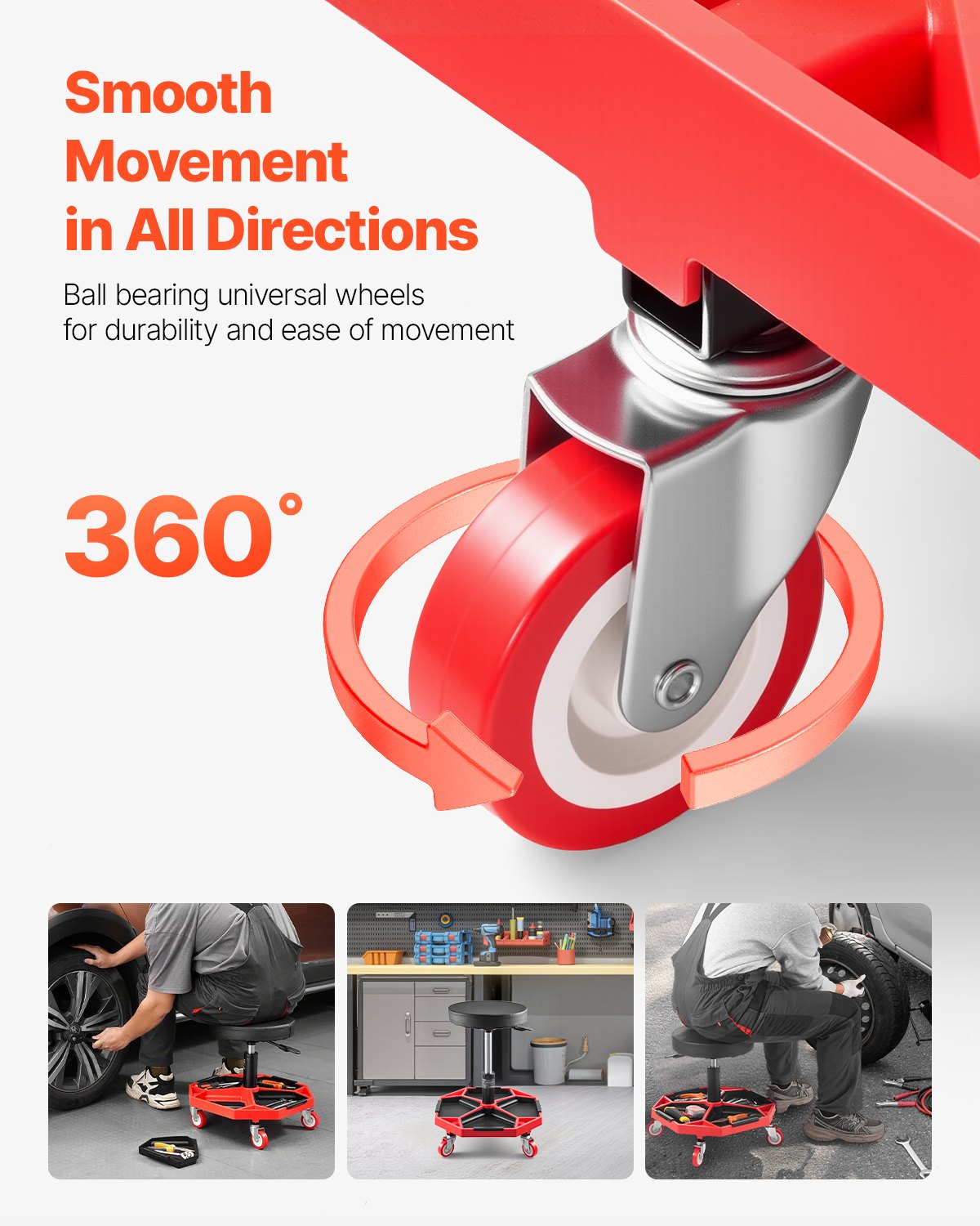 Rullande mekanikerpall med hjul, kapacitet 136 kg garagestol/arbetspall, justerbar höjd (40-54 cm) rullande krypstol med verktygslåda, för garage, verkstad och bilreparationer, svart+röd