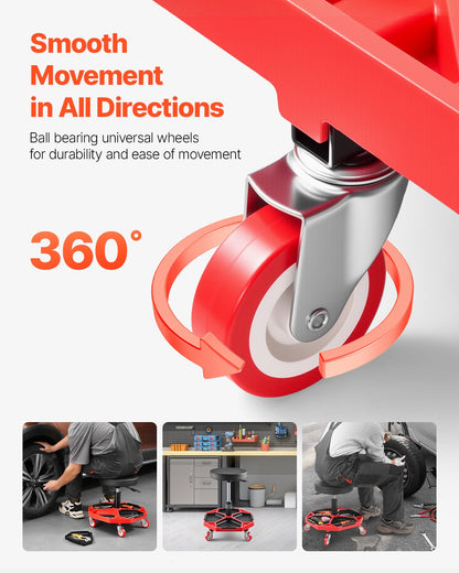 Rullande mekanikerpall med hjul, kapacitet 136 kg garagestol/arbetspall, justerbar höjd (40-54 cm) rullande krypstol med verktygslåda, för garage, verkstad och bilreparationer, svart+röd