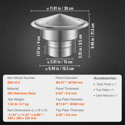Skorstenslock, 152,4 mm, 304 rostfritt stål runt takregnskydd, 300 mm ökade lock, väderbeständiga och förstärkta skruvar och enkel installation, för perfekt isolering av ventilationsskydd utvändigt, silver