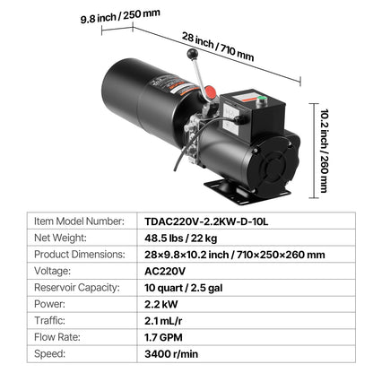 Hydraulpumpsaggregat, AC 220V, 10 liters enkelverkande hydraulaggregat, 6,3 l/min oljeflöde, max. utloppstryck 22 MPa för dumper, bilverkstad, billyftplattformar, svart