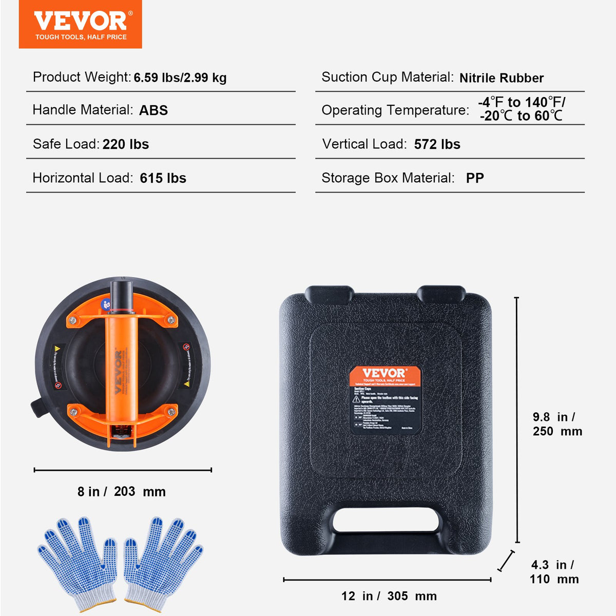 Glass Suction Cup, 20.3 cm 2 Pack 279 kg Load Capacity, Vacuum Suction Cup with ABS Handle and Carry Box, Heavy Duty Industrial Suction Cup Lifter Tool for Glass, Granite, Tile, Metal, Wood Lifting