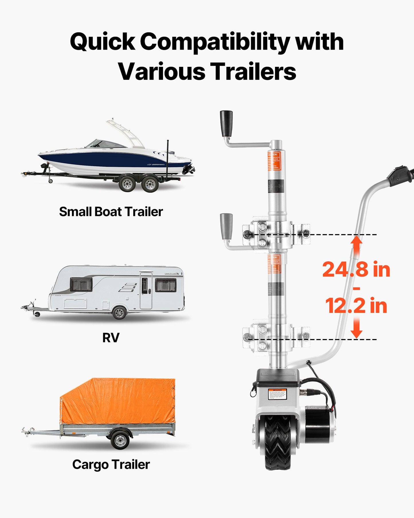 Elektrisk släpvagn, 2,5 ton dragkapacitet, 380 W 12 V motoriserat stödhjul med 7 m/min körhastighet, 31–63 cm justerbar klämhöjd och 20,3 cm gummidäck, för flytt av husvagn och båt