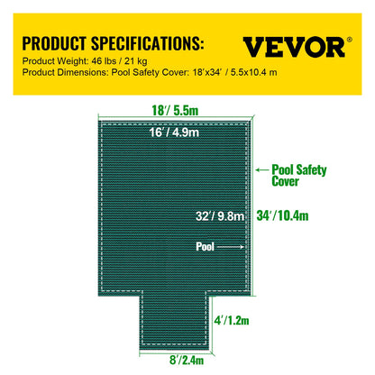 Poolskydd passar 16x32ft rektangulära markpooler, säkerhetspoolskydd med 4x10ft mittändsteg, massivt nätpoolskydd med dräneringshål för pool, vinterskydd, grönt