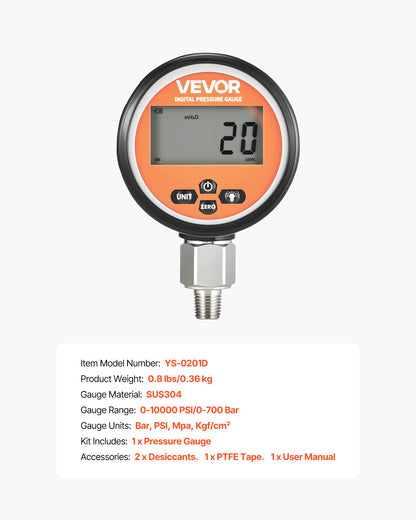 Digital Hydraulic Pressure Gauge, 0-700 Bar (0-10000 PSI) Hydraulic Pressure Sensor, Manometer Tester with NPT Base Entry for Excavator Construction Machinery, Waterproof Stainless Steel Housing