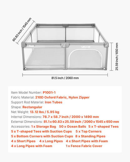 Lekhage för spädbarn, 2000 x 1490 mm stor lekhage för småbarn, lekgård för inomhus/utomhus med 50 havsbollar, dragkedja med dörr och andningsbart nät, säkerhetsaktivitetscenter utan mellanrum för spädbarn