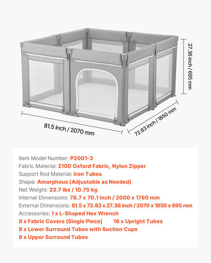 Lekhage för småbarn, 2000 x 1780 mm extra stor lekhage för småbarn, hopfällbart staket för babylek med dragkedja och mjukt andningsbart nät, säkert aktivitetscenter för inomhus och utomhus - perfekt present till småbarn