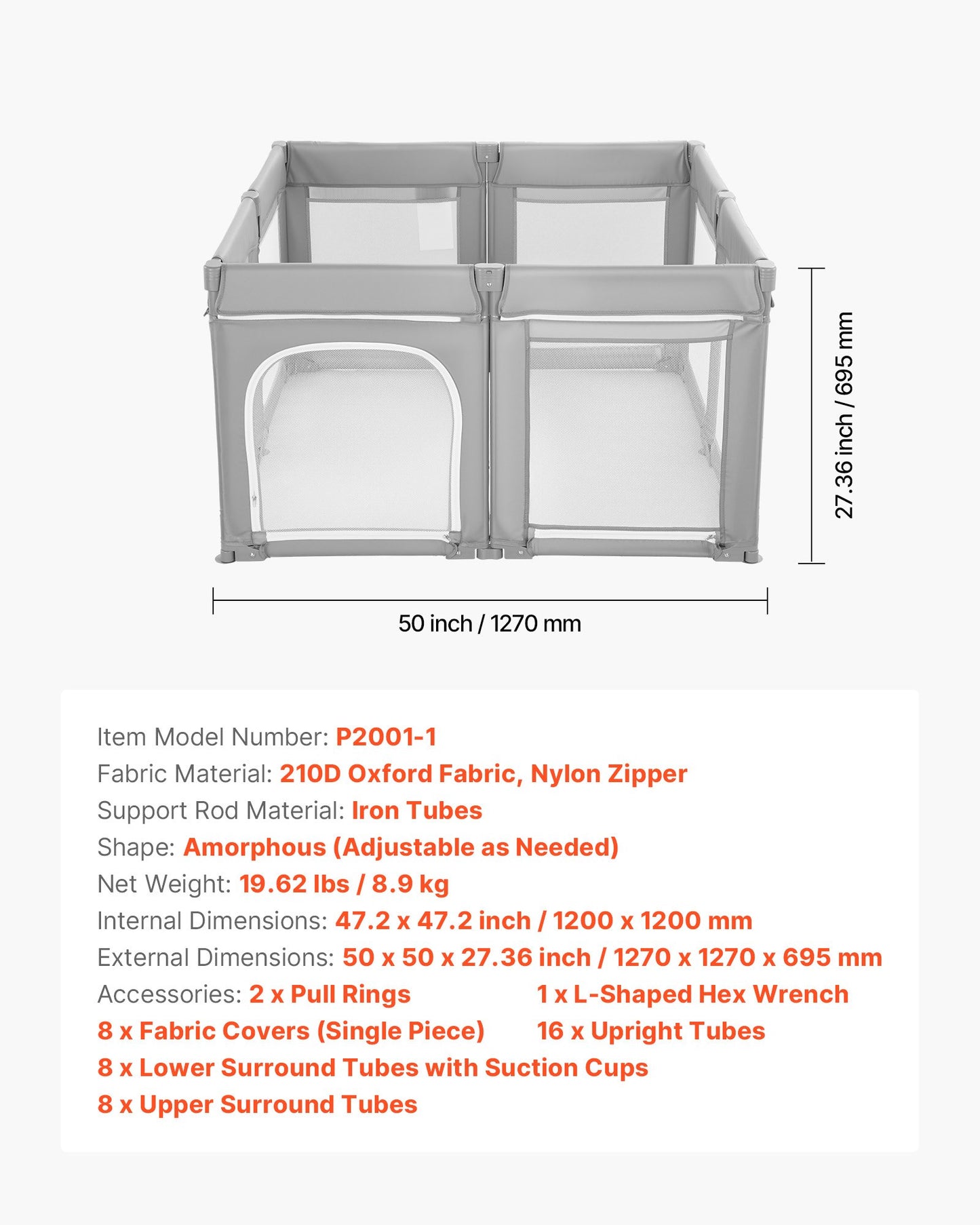 Lekhage för småbarn, 1200 x 1200 mm hopfällbar lekhage för småbarn, lekgård för inomhus/utomhusbruk med dragkedja och mjukt, andningsbart nät, aktivitetscenter utan mellanrum för småbarn, 6–24 månaders bebisar