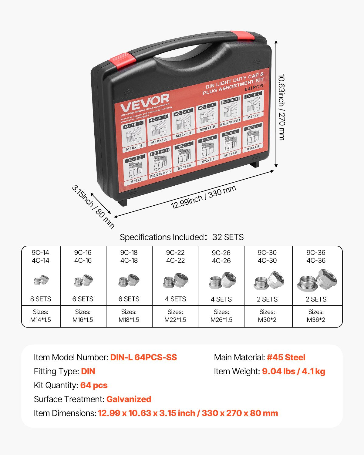 64 PCS DIN Hydraulic Fittings, Heavy Duty Master Industrial Hydraulic Cap and Plug, Hose Tube and Pipe Fitting Kit, Cap and Plug Kit with Precision Threading, Dash Sizes 14/16/18/22/26/30/36