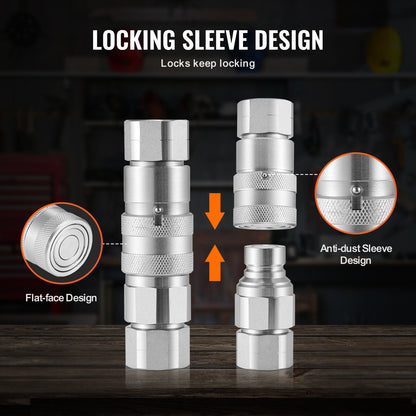 1/2" hydrauliska platta kopplingar, 3/4 SAE hydrauliska snabbkopplingar för kompaktlastare med 2 dammkåpor (ISO16028)