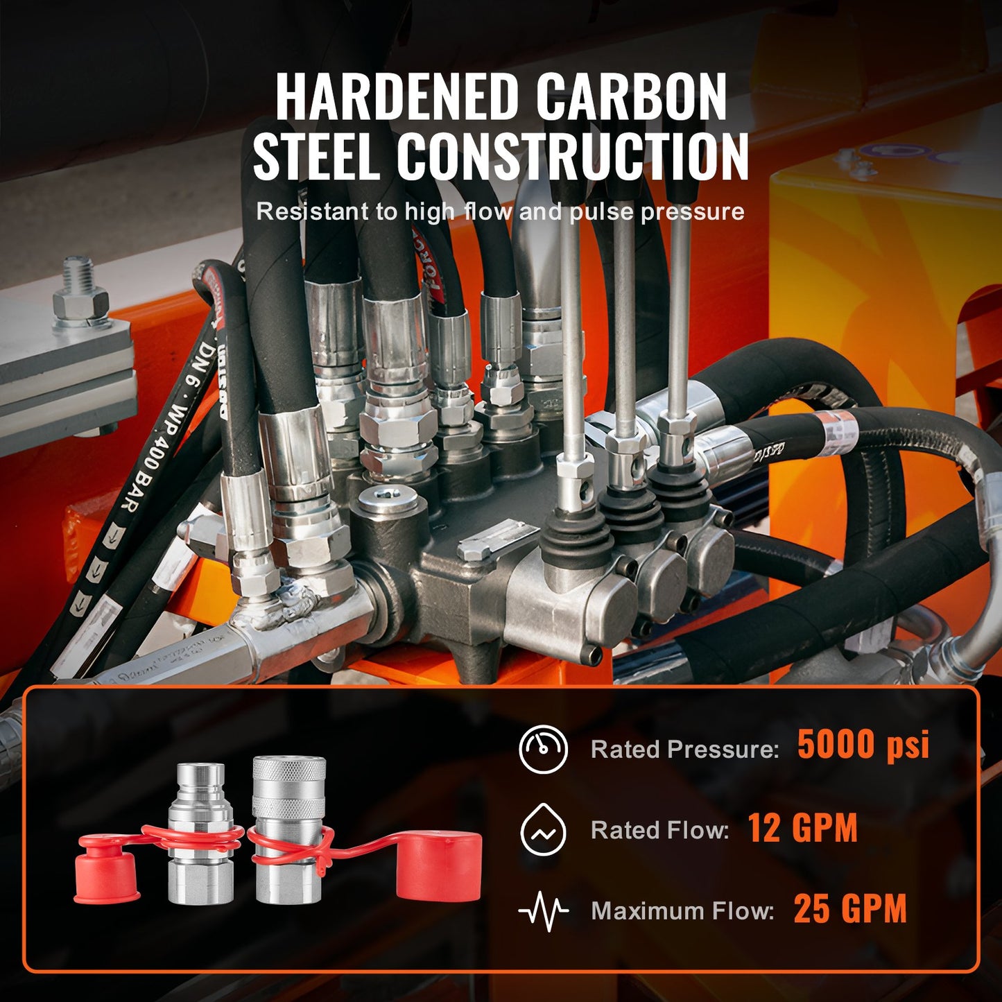 1/2" hydrauliska platta kopplingar, 3/4 SAE hydrauliska snabbkopplingar för kompaktlastare med 2 dammkåpor (ISO16028)