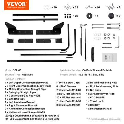Lyft för spa-överdrag, hydraulisk, bredd 175,3 cm - 245 cm justerbar, installerad på båda sidor upptill, lämplig för olika storlekar av rektangulära badkar, bubbelpooler, spa