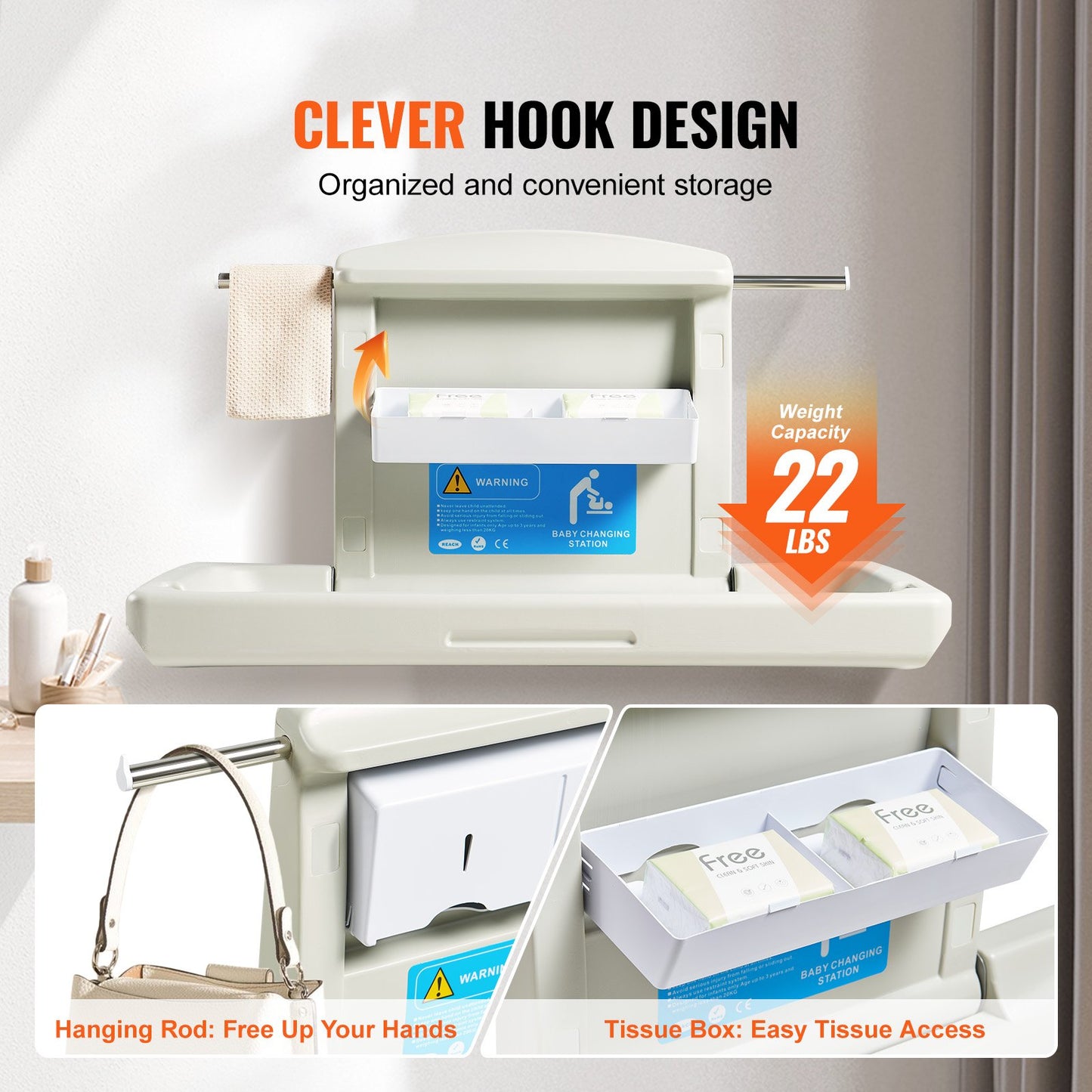 Wall-Mounted Baby Changing Station, Horizontal Foldable Diaper Change Table with Safety Straps and Hanging Rods, Use in Commercial Bathrooms, Daycare Centers for Newborns & Infant