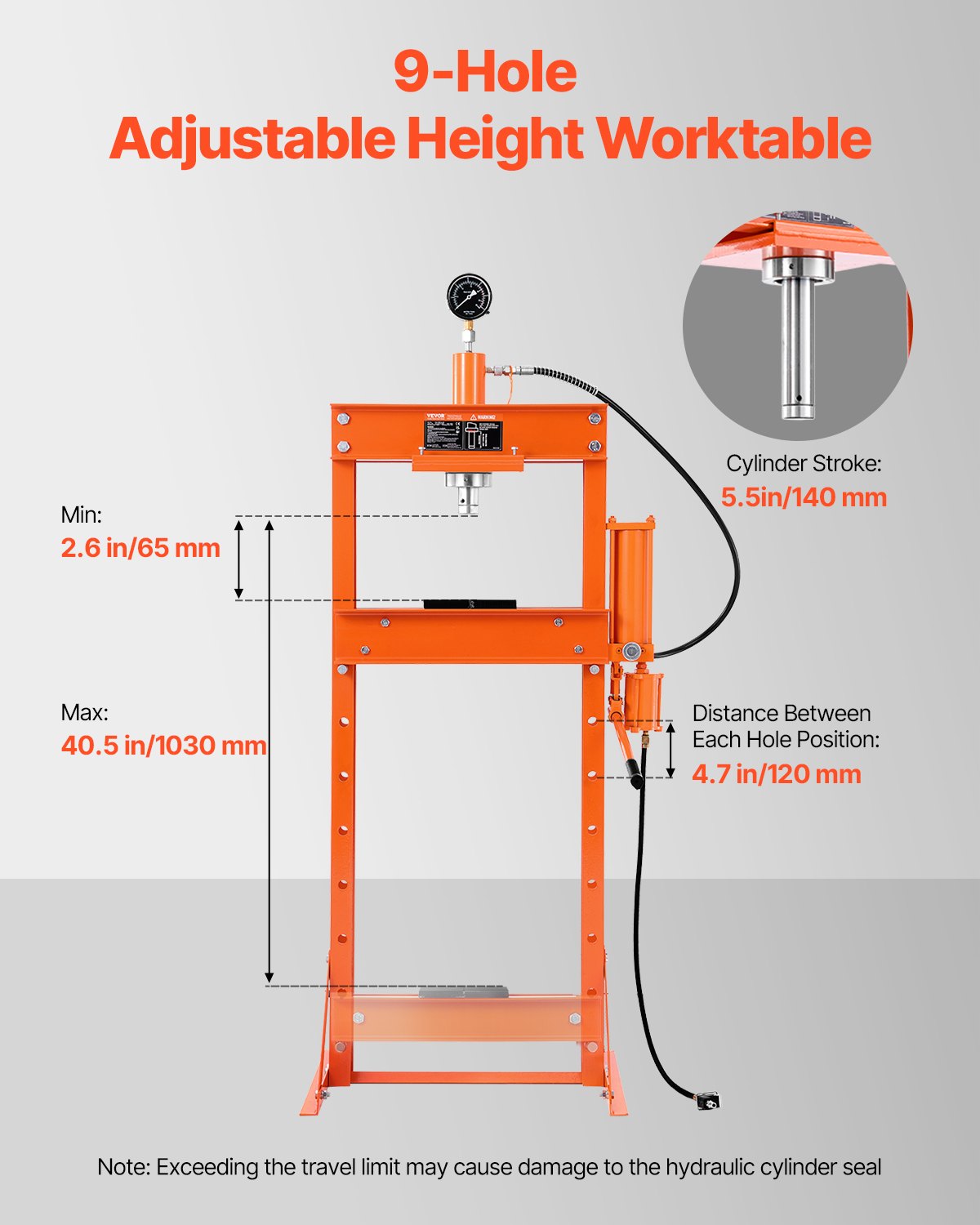 Hydraulisk verkstadspress, 20 T H-ram pneumatisk verkstadspress med pressplatta, stabil garagegolvsjusterbar hydraulpress med triangulärt stöd, lämplig för bockning, riktning och stansning