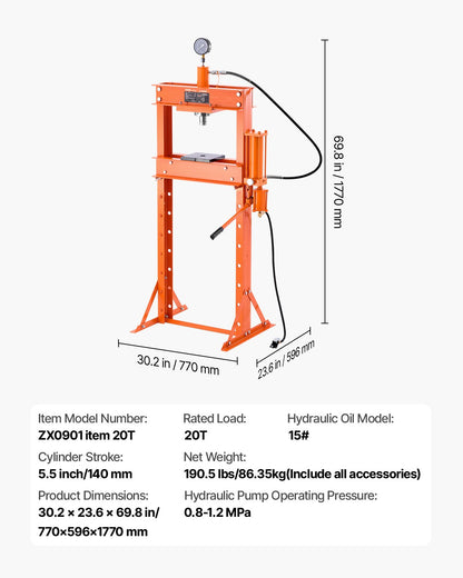 Hydraulisk verkstadspress, 20 T H-ram pneumatisk verkstadspress med pressplatta, stabil garagegolvsjusterbar hydraulpress med triangulärt stöd, lämplig för bockning, riktning och stansning