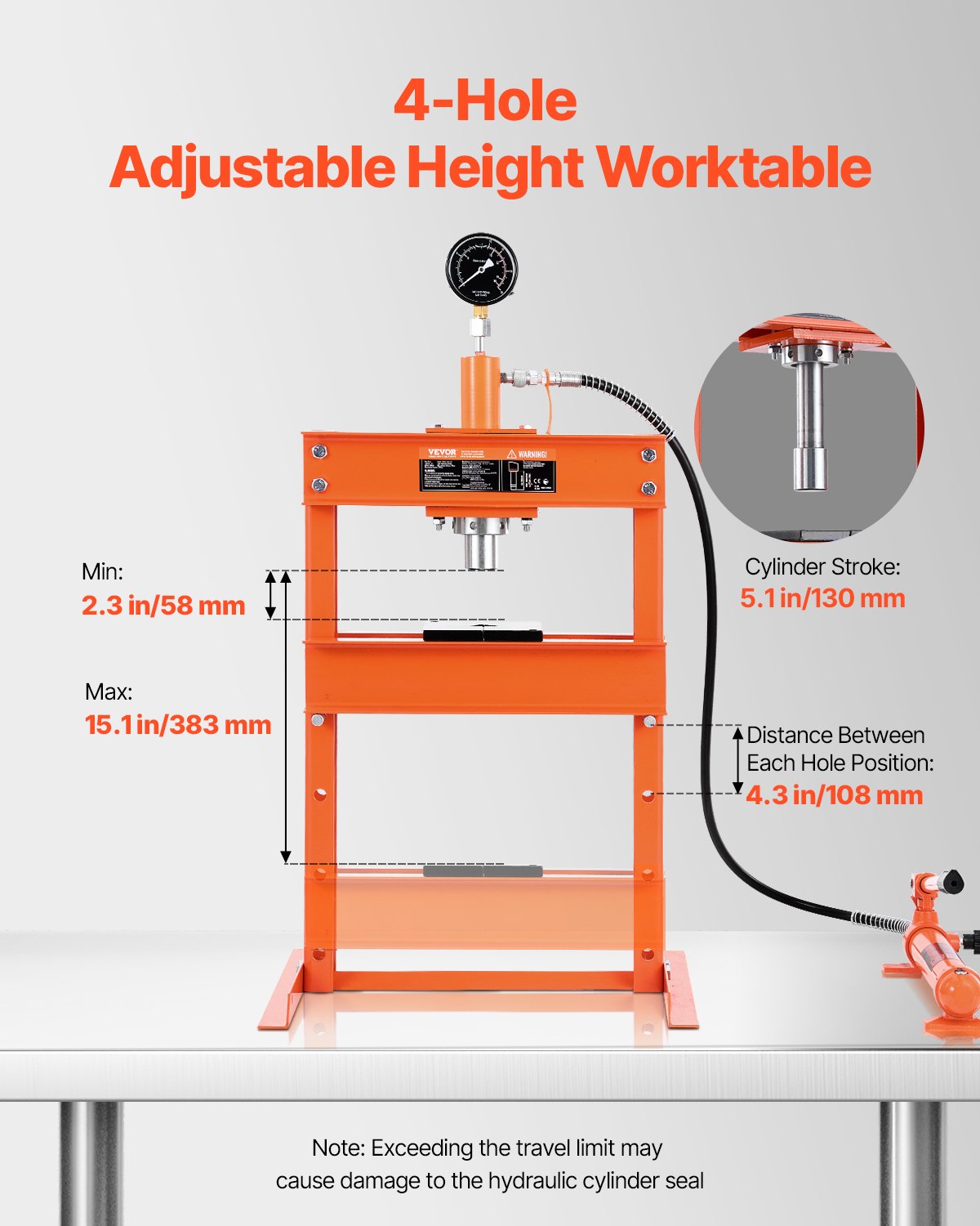 Hydraulisk verkstadspress, 10 T H-rams verkstadspress med pressplatta och H-formad bas, stabil, justerbar hydraulpress för garagegolv med övertrycksventil, lämplig för bockning, riktning och stansning