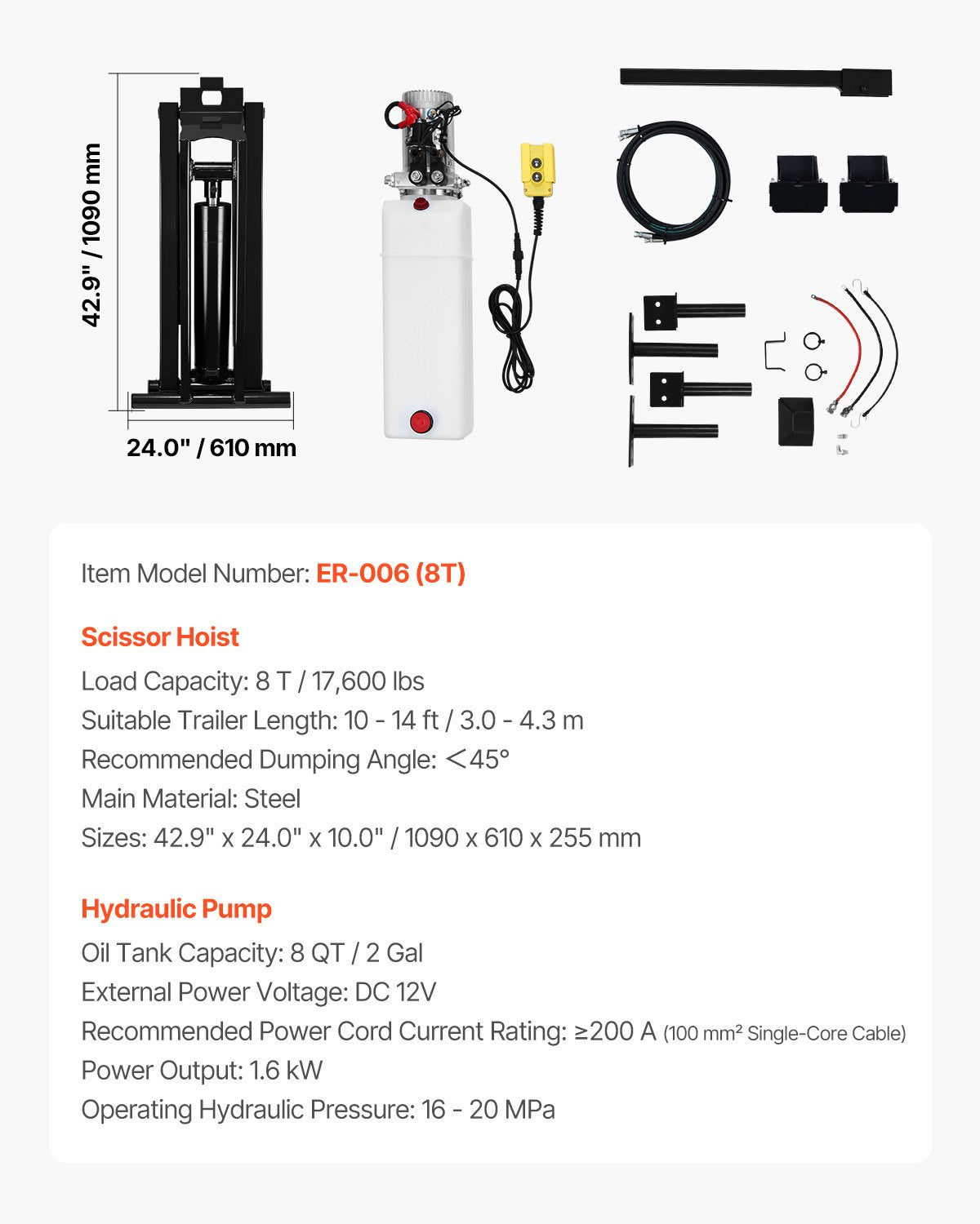 Hydraulisk tipplyftsats, 17 600 lb/8 T tippvagn Hydraulisk saxlyftsats Standardsats, hydraulisk tippflaksats med 12V hydraulpumpenhet Lämplig för saxlyftvagnar och lastbilar