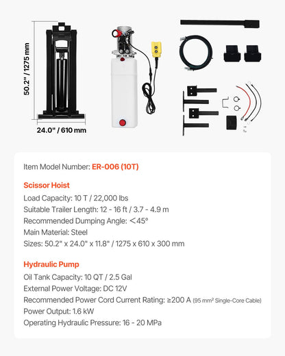 Hydraulisk tipplyftsats, 22 000 lb/10 T tippvagn Hydraulisk saxlyftsats Standardsats, hydraulisk tippflaksats med 12V hydraulpumpenhet Lämplig för saxlyftvagnar och lastbilar