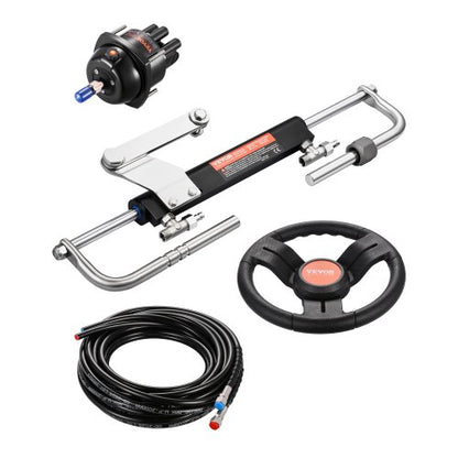 90 hk hydrauliskt utombordsstyrningssystem, hydrauliskt styrsystem för marinbåtar med 13,5-tums ratt, roderpump, hydraulcylinder och 2 st 26 fots slangar för båtar med en station och en motor