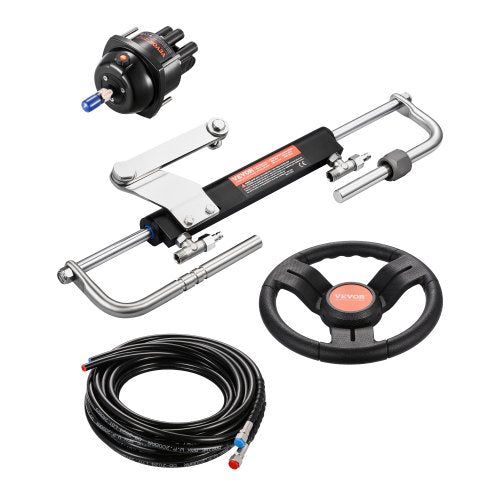90 hk hydrauliskt utombordsstyrningssystem, hydrauliskt styrsystem för marinbåtar med 13,5-tums ratt, roderpump, hydraulcylinder och 2 st 26 fots slangar för båtar med en station och en motor