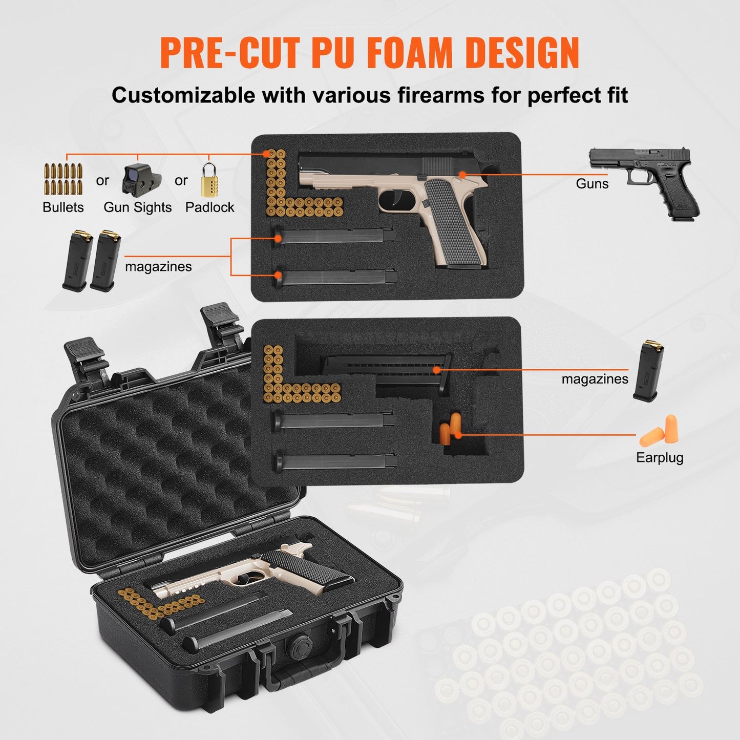 Hard Pistol Cases with Pre-cut PU Foam, Waterproof & Dustproof Hard Gun Case for 1 Pistol, 12.59×9.01×4.4 in Lockable Pistol Case, Black