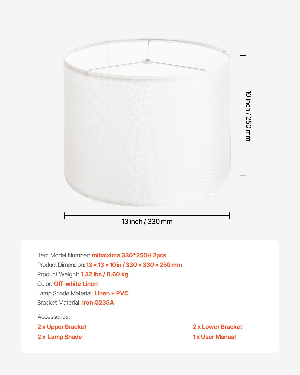Trumlampskärmar, 2-set, 33 cm topp x 33 cm botten x 25 cm hög, mellanstor trumlampskärm i linne, reservskärm för bordslampor, golvlampor och pendellampor, enkel montering krävs (off-white)