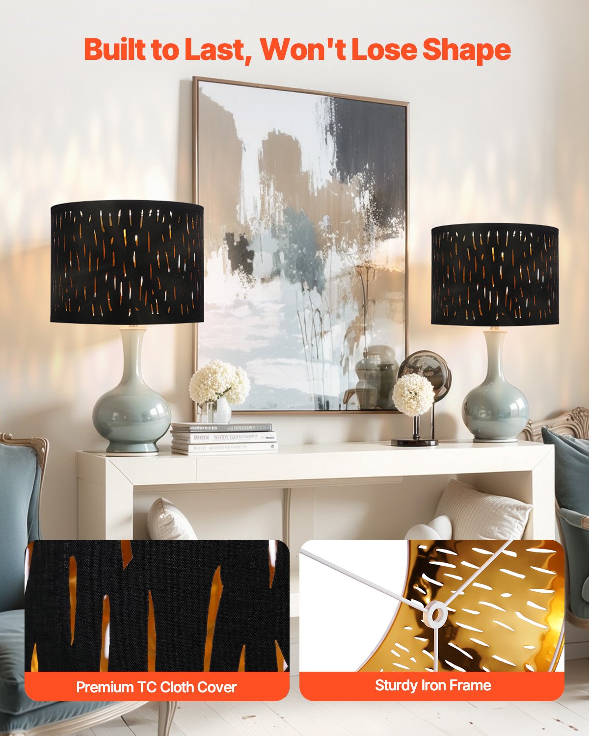 Trumlampskärmar 2-set, 33 cm topp x 33 cm botten x 25 cm hög, mellanstor trumlampskärm med harpa, reservlampskärm för bordslampor, golvlampor och pendellampor, svart ihålig snidad design
