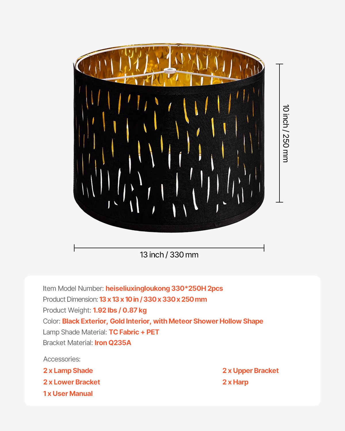 Trumlampskärmar 2-set, 33 cm topp x 33 cm botten x 25 cm hög, mellanstor trumlampskärm med harpa, reservlampskärm för bordslampor, golvlampor och pendellampor, svart ihålig snidad design